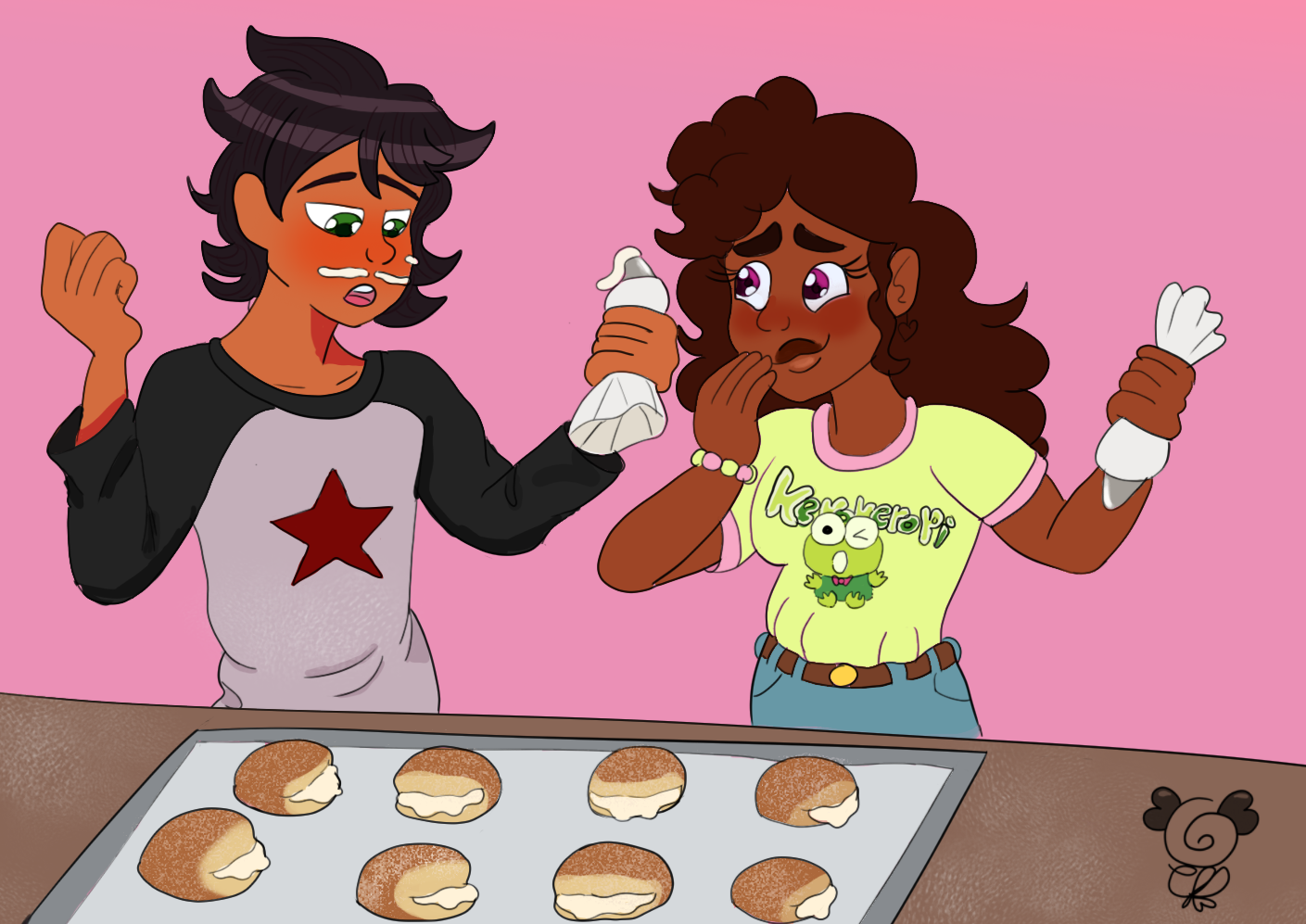 Mstoony's OCs, Remy and Caspian making Malasadas togehter without getting flustered by being around each other...